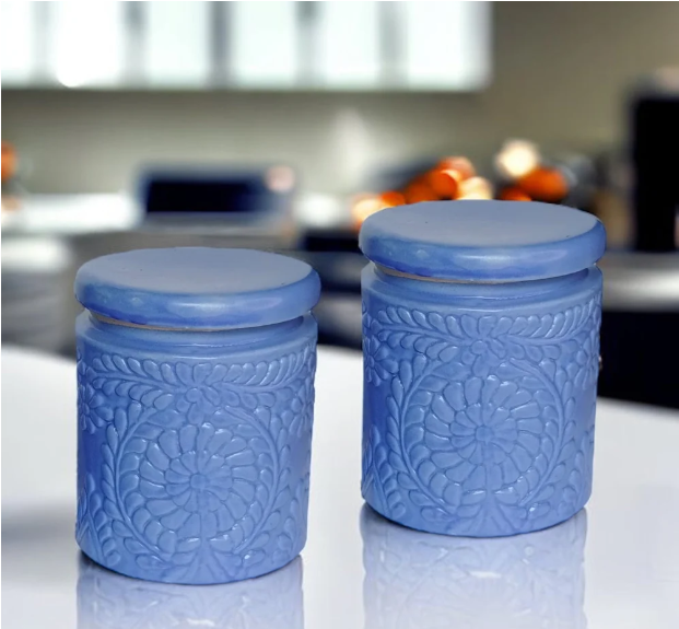 Handmade Floral Embossed Achaar Martban Ceramic Pickle Jar Set