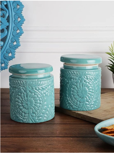 Handmade Floral Embossed Achaar Martban Ceramic Pickle Jar Set