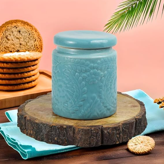 Handmade Floral Embossed Achaar Martban Ceramic Pickle Jar Set