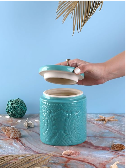 Handmade Floral Embossed Achaar Martban Ceramic Pickle Jar Set
