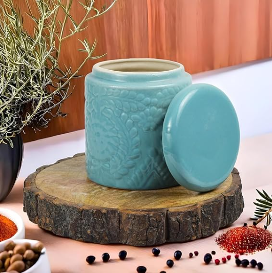 Handmade Floral Embossed Achaar Martban Ceramic Pickle Jar Set