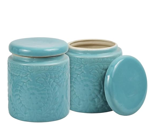 Handmade Floral Embossed Achaar Martban Ceramic Pickle Jar Set