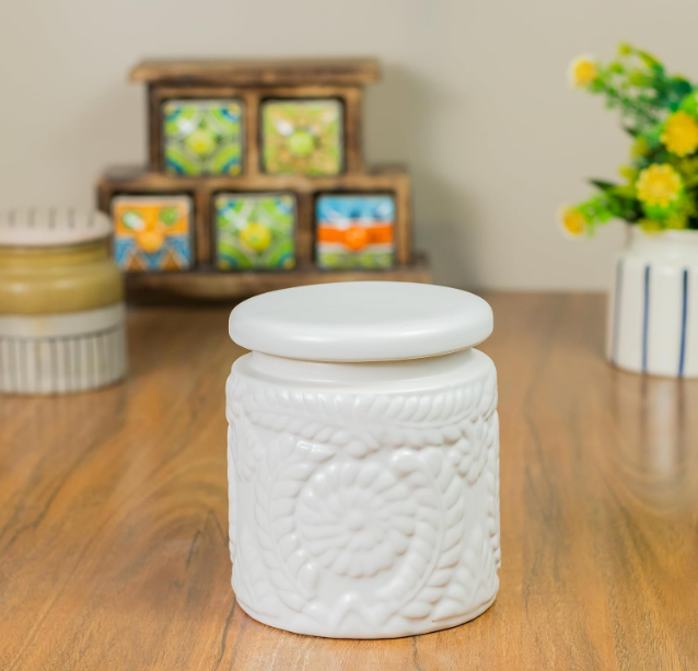 Handmade Floral Embossed Achaar Martban Ceramic Pickle Jar Set