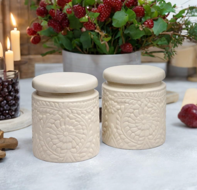 Handmade Floral Embossed Achaar Martban Ceramic Pickle Jar Set