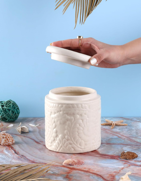 Handmade Floral Embossed Achaar Martban Ceramic Pickle Jar Set
