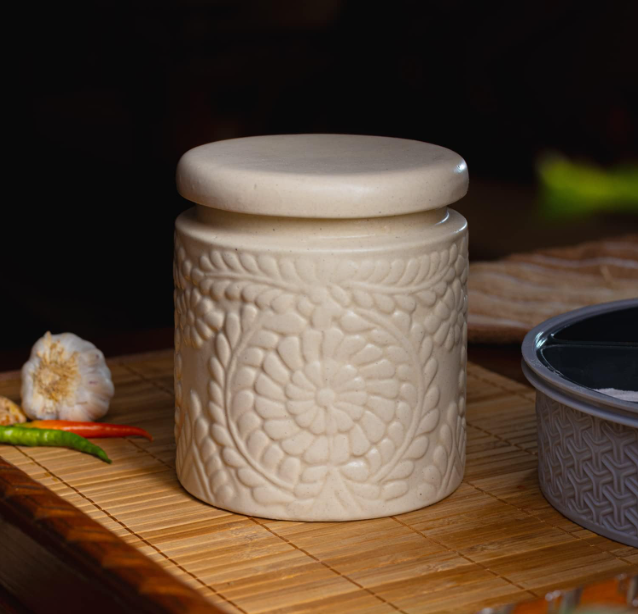 Handmade Floral Embossed Achaar Martban Ceramic Pickle Jar Set