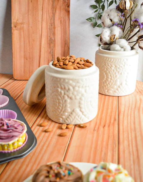 Handmade Floral Embossed Achaar Martban Ceramic Pickle Jar Set