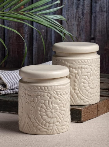 Handmade Floral Embossed Achaar Martban Ceramic Pickle Jar Set