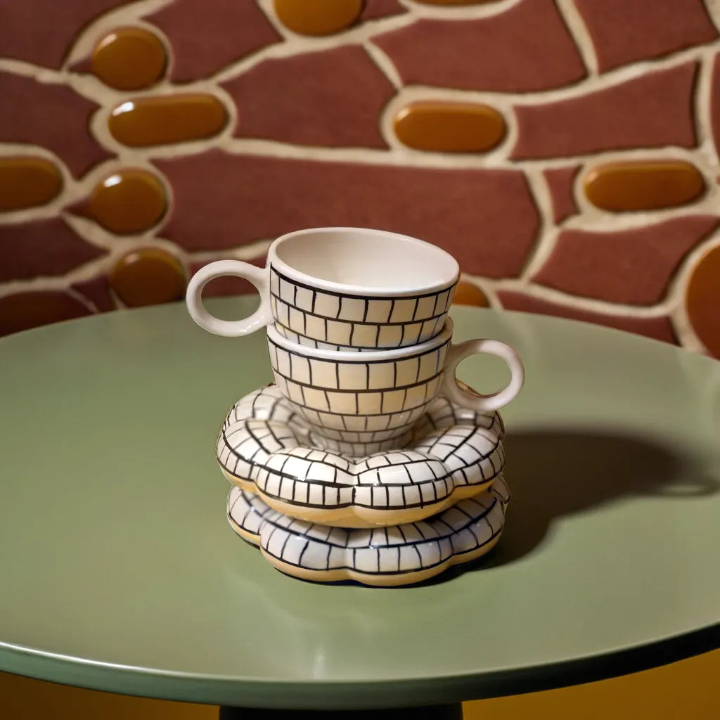 Polka Dot Ceramic Cup Set 2 Cups 150 ML with Saucer